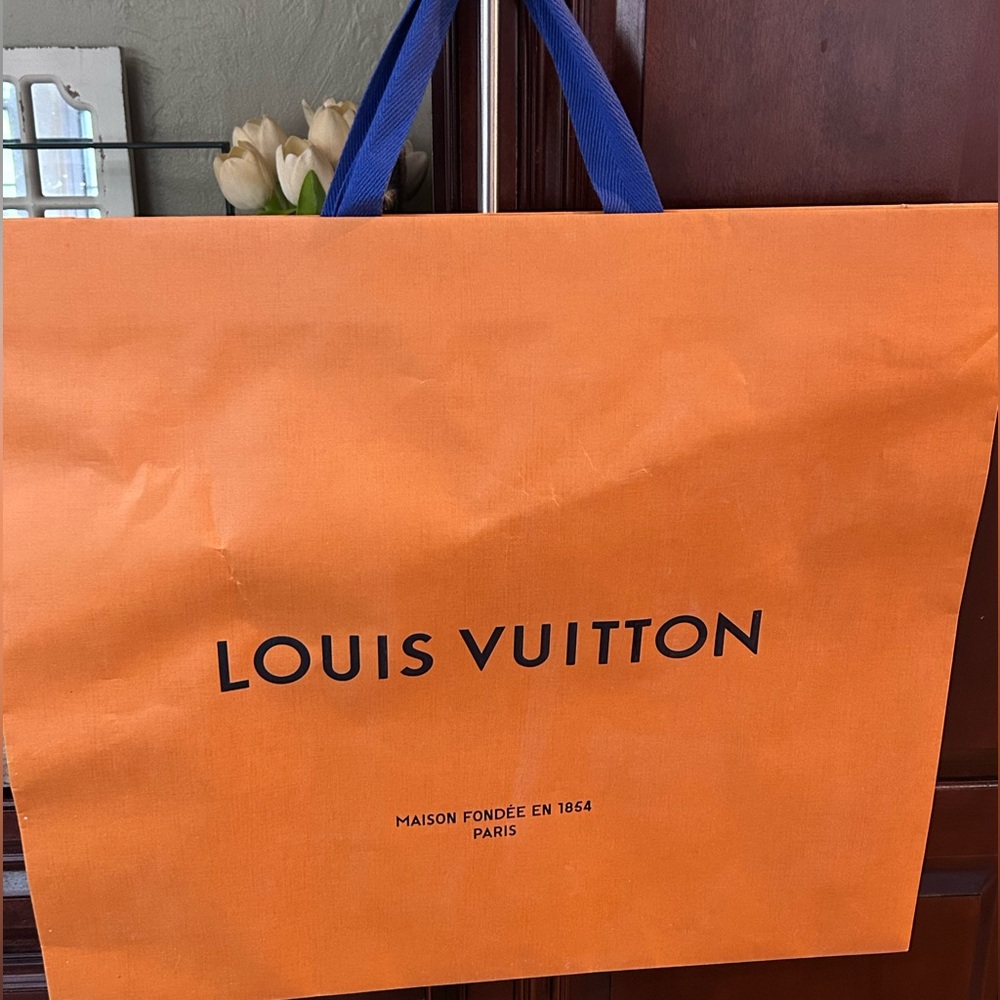 Louis Vuitton Orange Shopping Bag with Blue Handles Logo